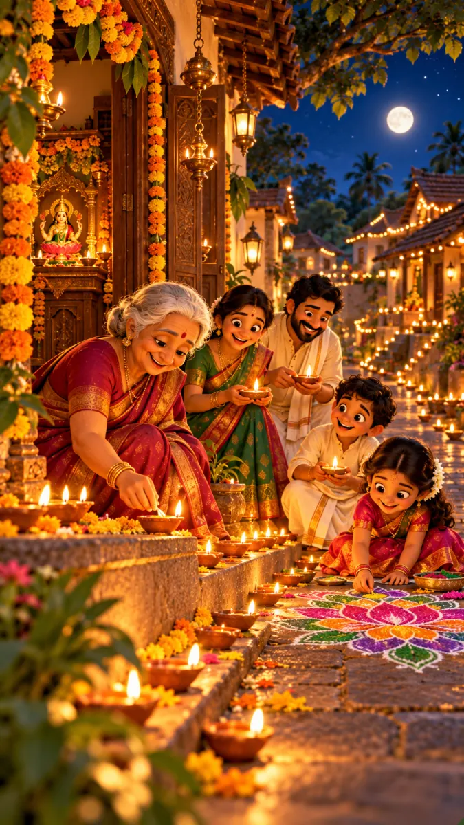 Storybook illustration of a grandmother, parents, and children lighting diyas beside a rangoli on Diwali night